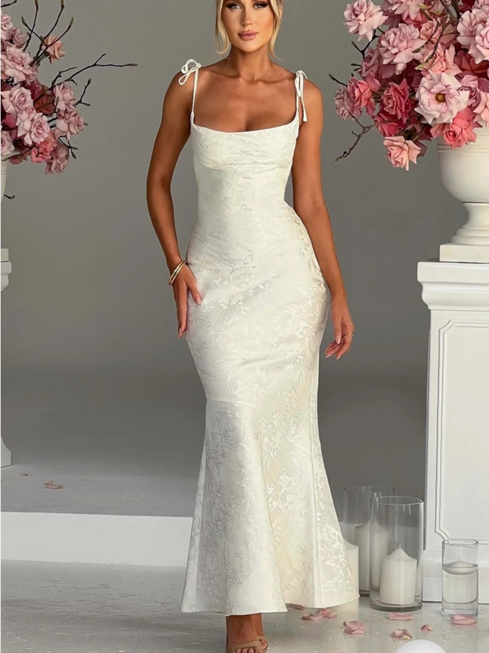 Strapless White Tie-Shoulder Evening Dress